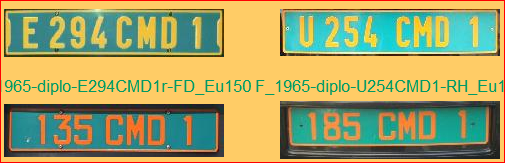 Collection de plaques d'immatriculation CMD (Corps Diplomatique) de différents pays, montrant des codes et des couleurs uniques.